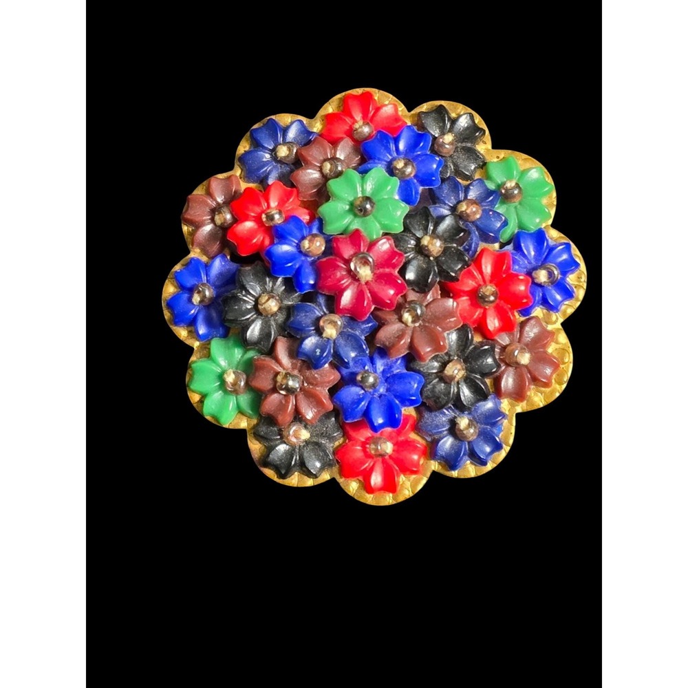Miriam Haskell WWII Multicolor Mini Flower Brooch Hand Sewn Brass Antique